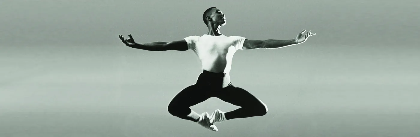 Dance pioneer Arthur Mitchell leaps across the stage in the iconic photo "Jumping Man" (1985); courtesy Columbia University Rare Book & Manuscript Library