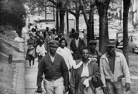 "Walking to Work," 1956. Thousands of black commuters are shown walking long distances to work instead of riding the bus during the Montgomery bus boycott in 1956. Copyright Don Cravens/Time Life/Getty Images